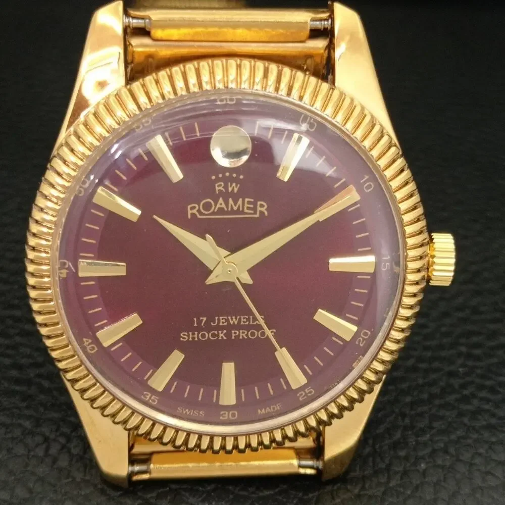 Vintage 1971 Roamer Manual Mens Gold Watch W/Metal Strap & Red accents